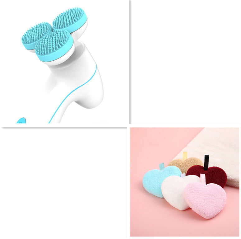 3D Smart Massager Electric Cleanser in blue silicone, featuring lifting and cleansing design with colorful heart sponges.