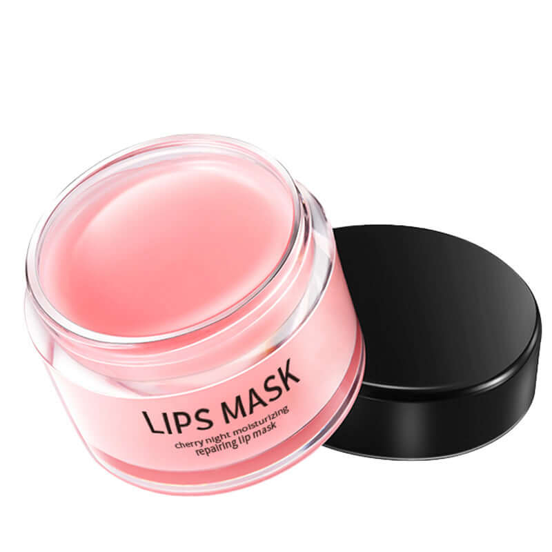 Lip mask in clear jar with black lid, designed for moisturizing and repairing dry lips, featuring cherry scent.