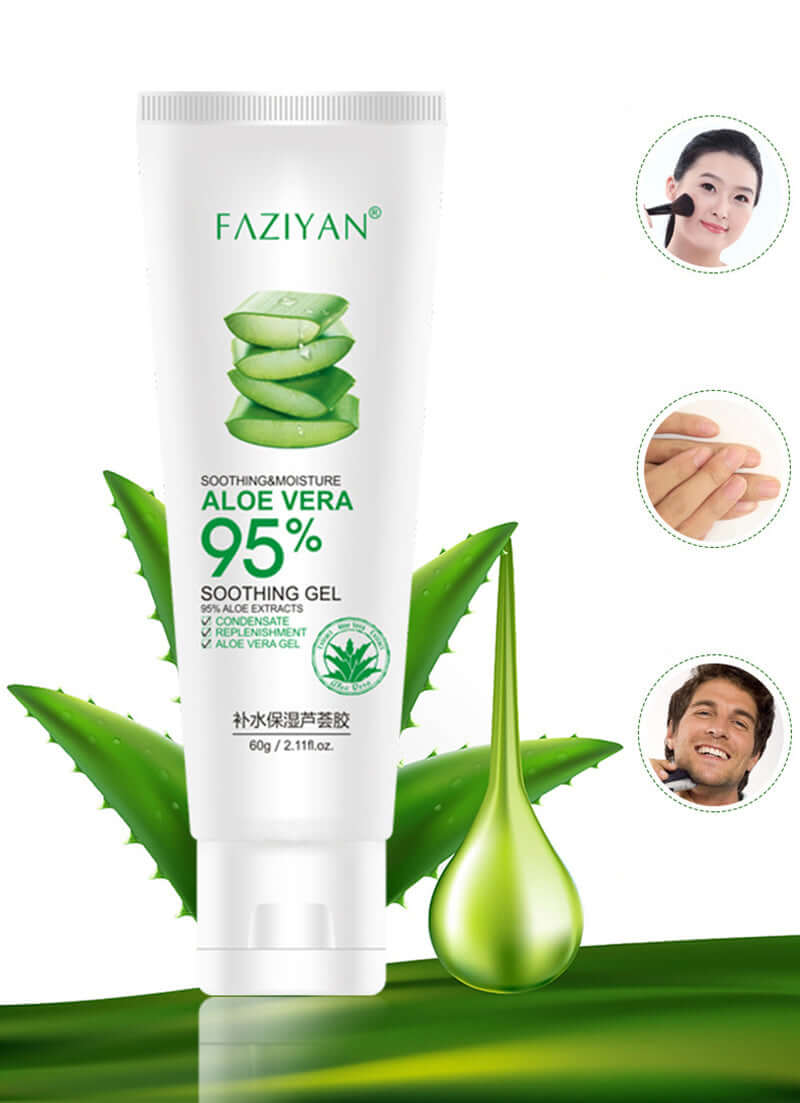 Aloe Vera Face Cream packaging with soothing gel for skincare, featuring aloe vera leaves and happy users.