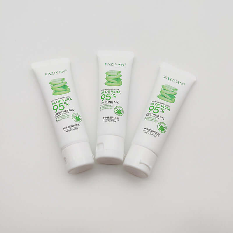 Three tubes of Faziyan Aloe Vera 95% Soothing Gel on a white background, ideal for skincare and hydration.