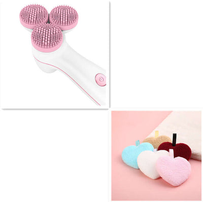 3D Smart Massager Electric Cleanser in white and pink with silicone bristles for facial cleansing and lifting.