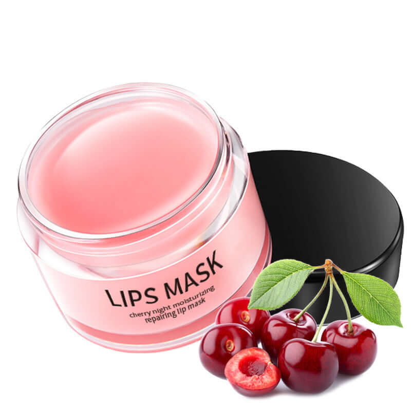 Cherry moisturizing lip mask in a jar with cherries, designed for repairing and hydrating dry lips.