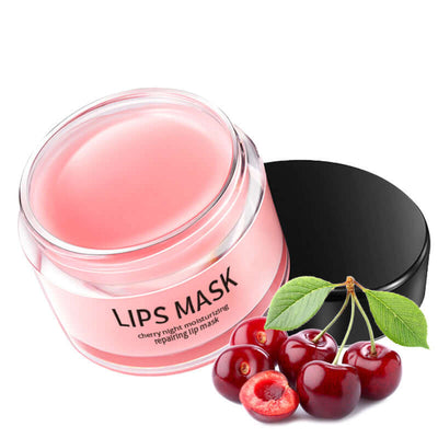 Cherry moisturizing lip mask in a jar with cherries, designed for repairing and hydrating dry lips.