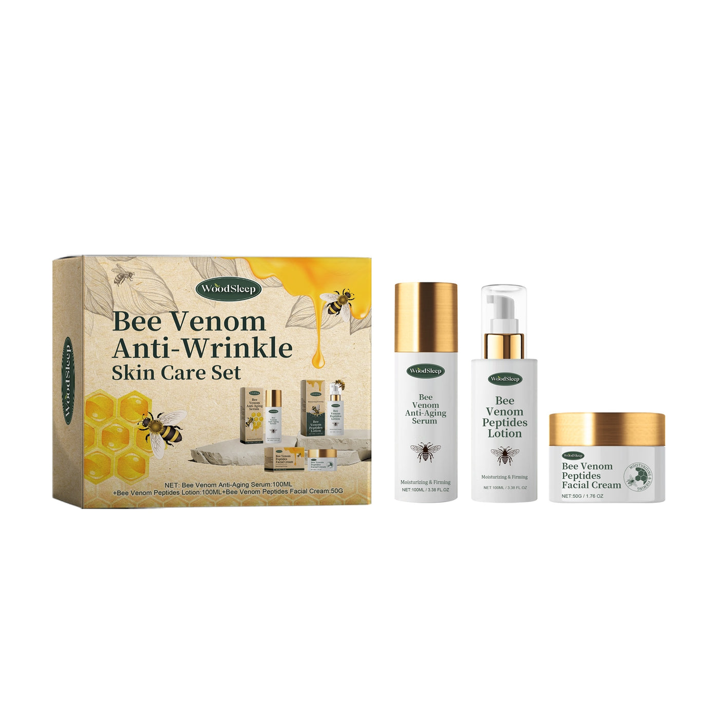 Bee Venom Anti-Wrinkle Skin Care Set with essence, lotion, and cream, designed for moisturizing and firming.