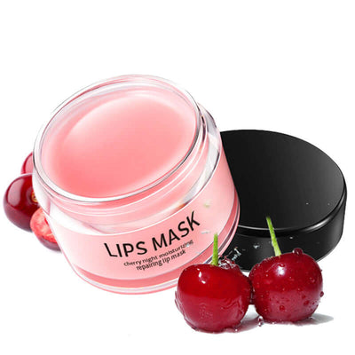 Moisturizing cherry lips mask in a jar, enhanced with fresh cherries for nourished, hydrated lips.