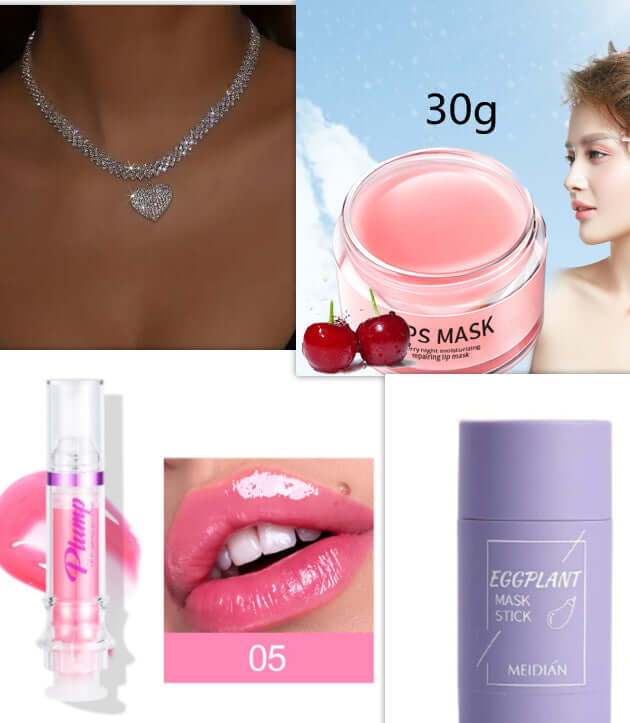 Stylish lip care products including moisturizing lip mask and eggplant mask stick, showcasing hydration and shine effects.