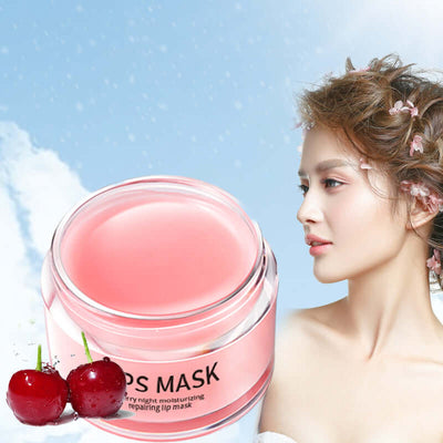 Moisturizing lip mask in jar with cherry background and model, designed for hydrated and nourished lips.