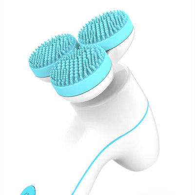 3D Smart Massager Electric Cleanser in blue silicone with three cleansing brushes for at-home facial lifting and cleansing.