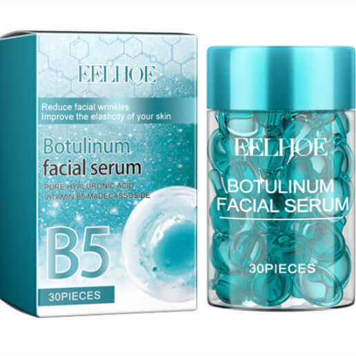 B5 Facial Capsules with Hyaluronic Acid, Collagen, and Vitamin B5 for skin elasticity, 30 pieces.