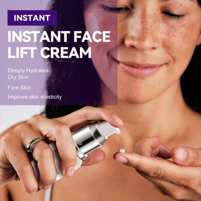 Woman applying Instant Face Lift Cream for hydration and improved skin elasticity.