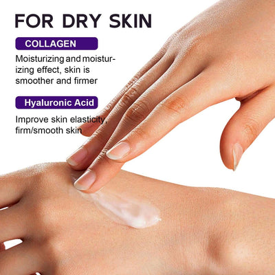 Hands applying collagen and hyaluronic acid moisturizing cream for dry skin, promoting smoother, firmer skin.