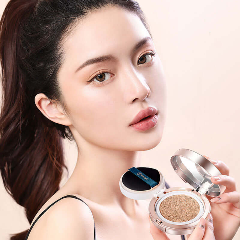 Model showcasing Air Protection Cream Liquid Foundation in a compact, emphasizing its nourishing formula and easy application.